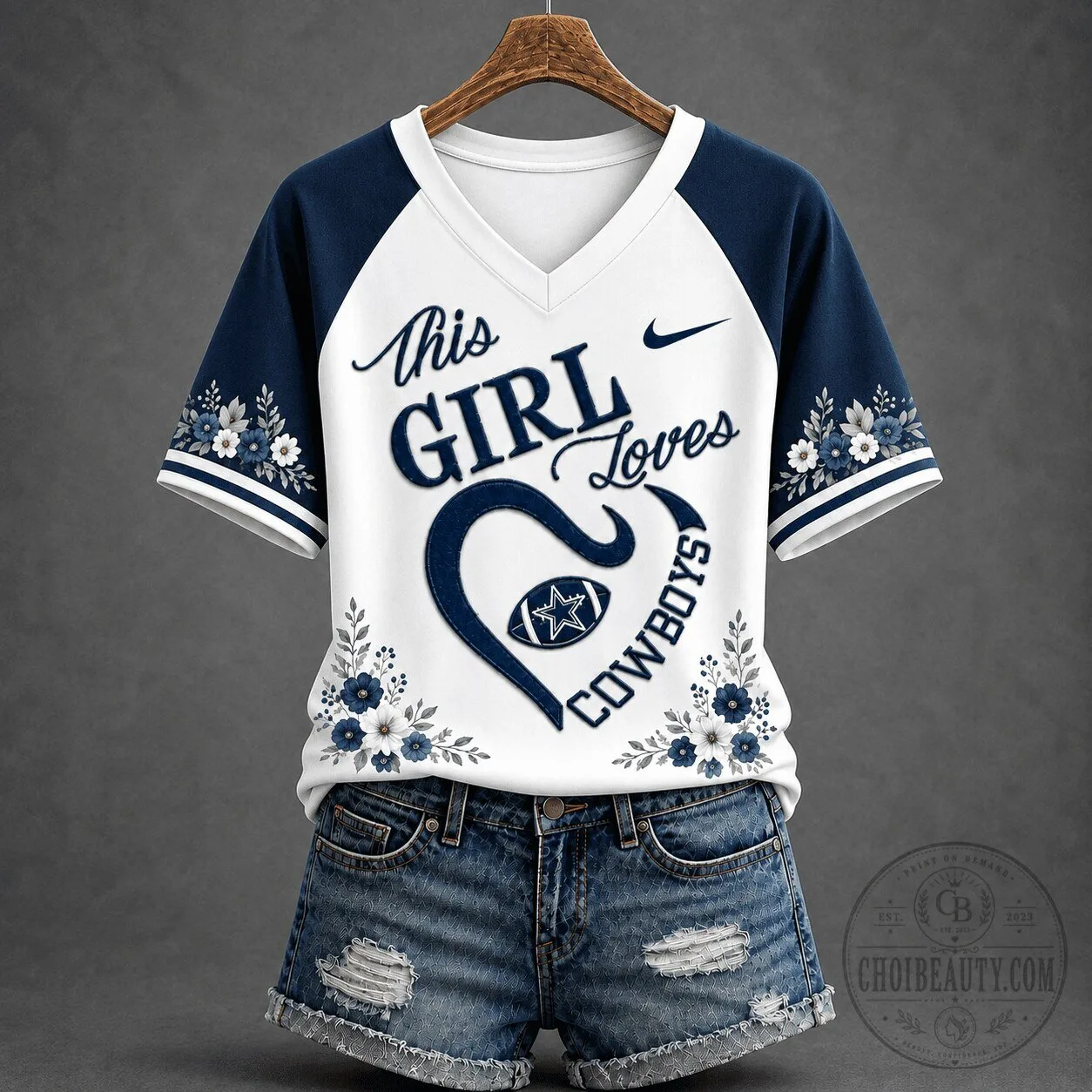 Dallas Cowboys This Girl Loves Football Floral V-Neck T-Shirt