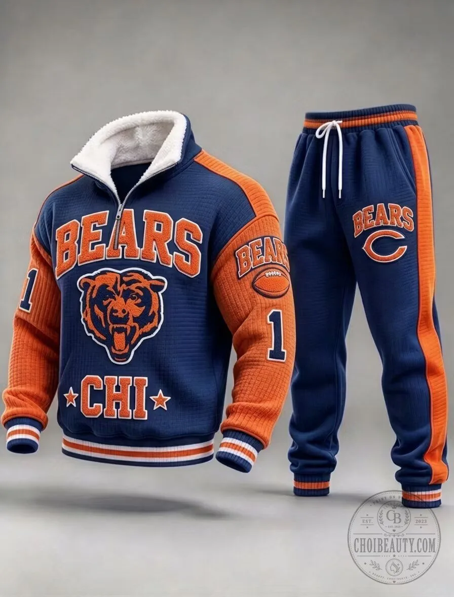Chicago Bears Football Team Quarter-Zip Pullover Sweatshirt and Jogger Sweatpants Set