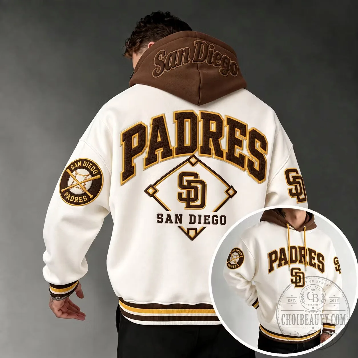 San Diego Padres Baseball Team Logo Embroidered White and Brown Hoodie