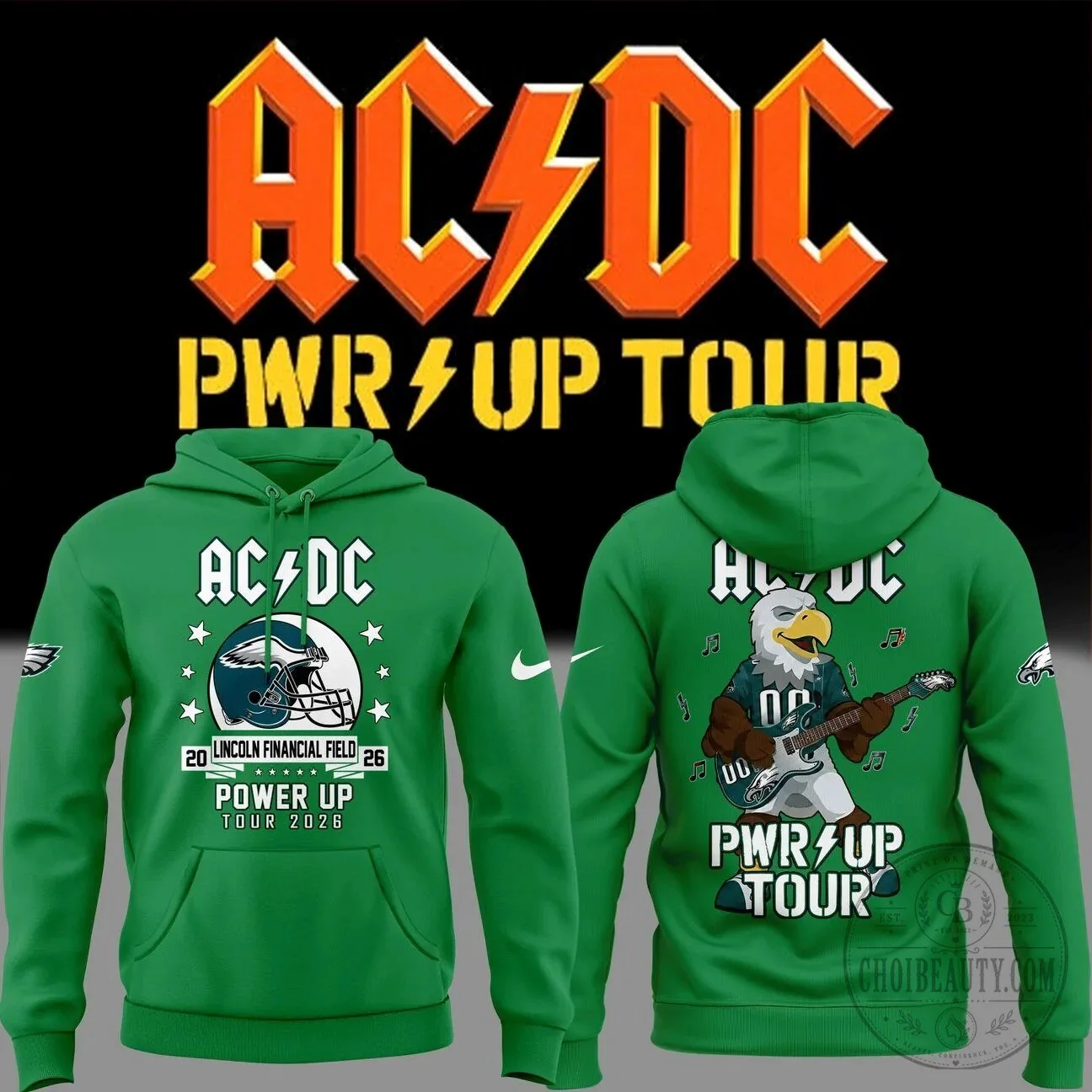 AC/DC Power Up Tour 2026 Philadelphia Eagles Football Green Hoodie