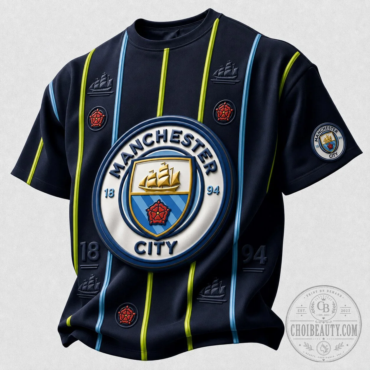Manchester City Football Club Dark Blue Striped Fan T-Shirt