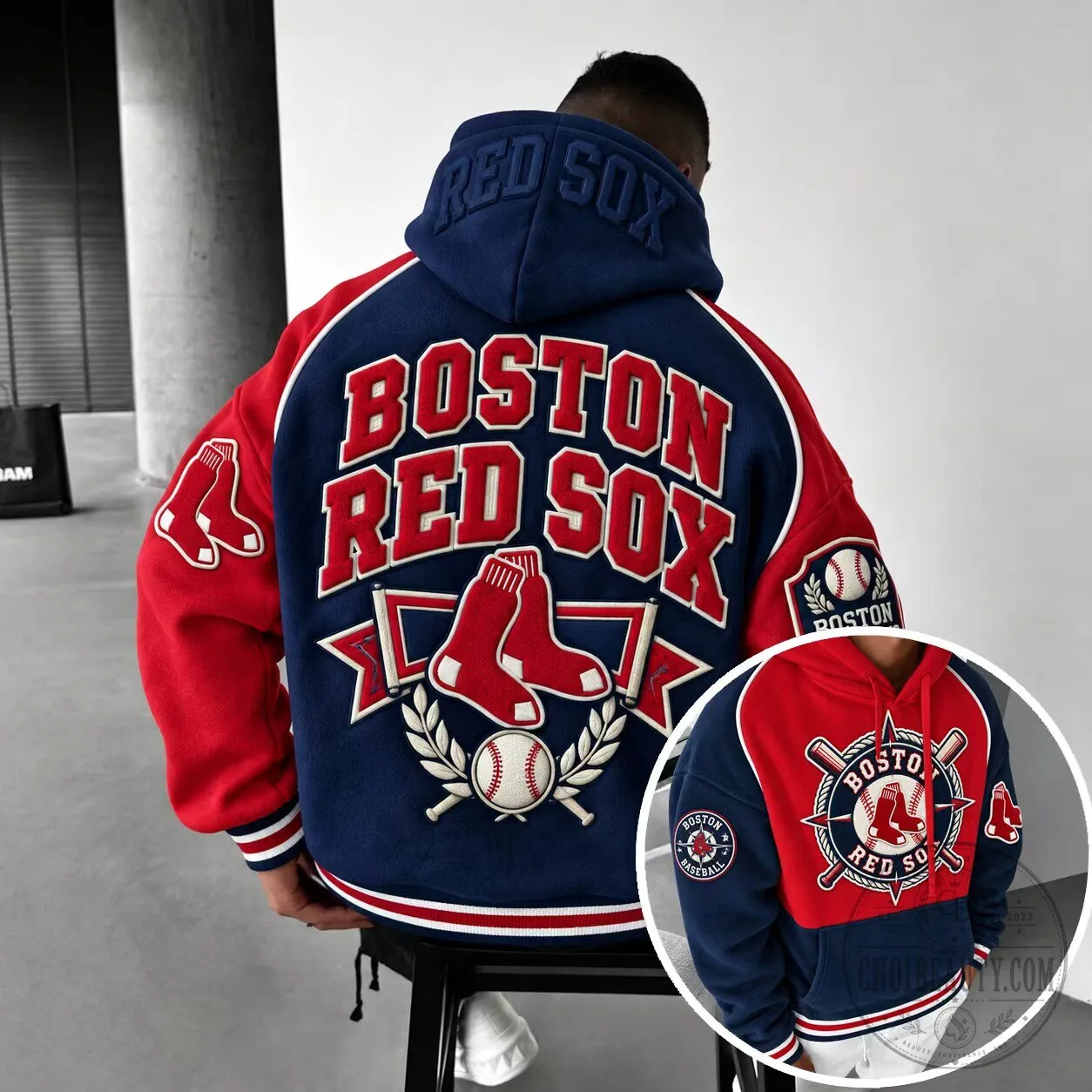 Boston Red Sox Baseball Team Logo Embroidered Red and Blue Hoodie