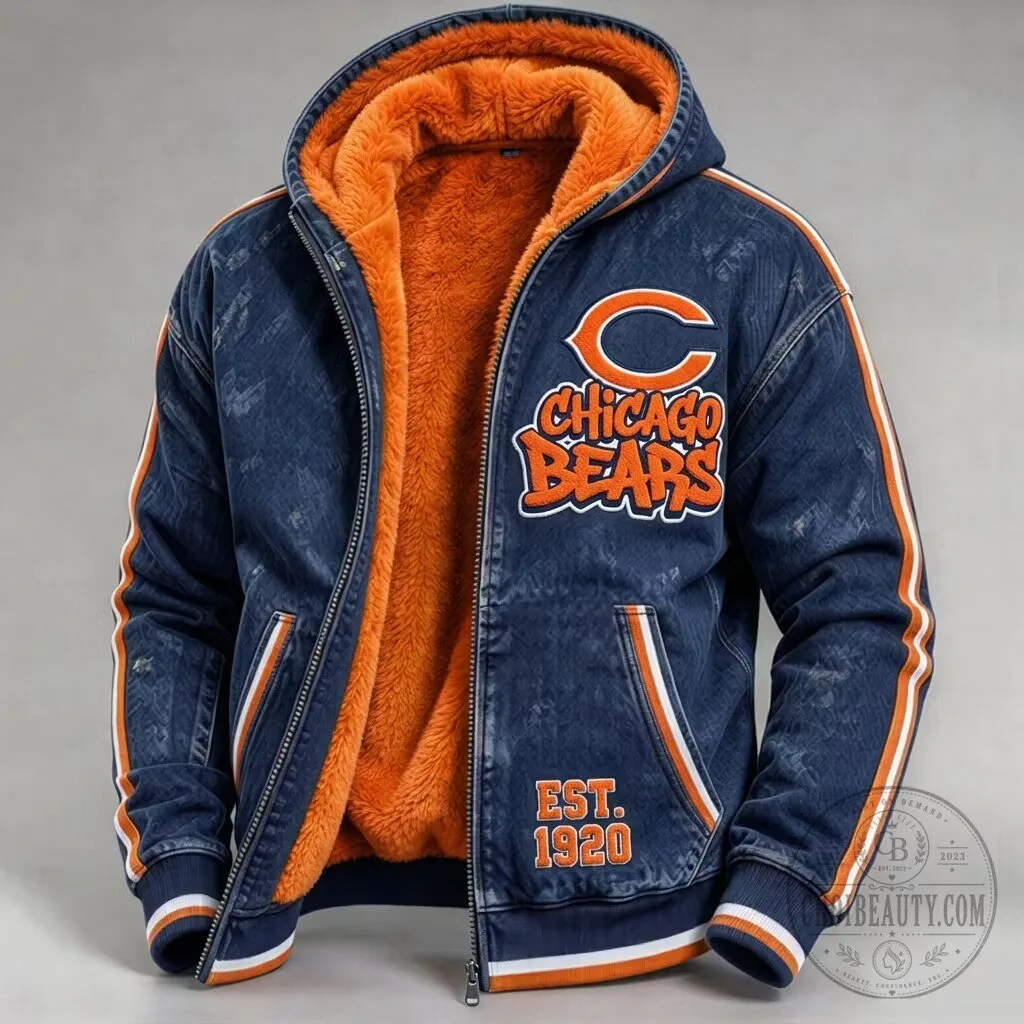 Chicago Bears Denim Sherpa Fleece Lined Hooded Jacket