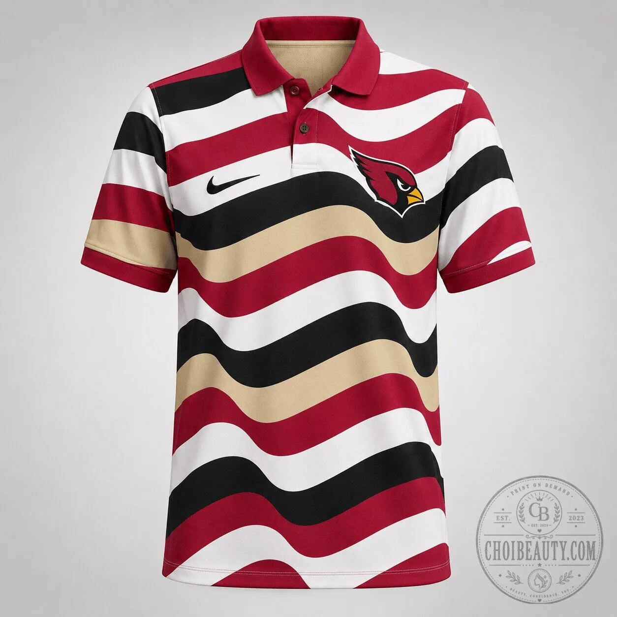 Arizona Cardinals Nike Wavy Stripe Design Red Black White Tan Polo Shirt 2 Arizona Cardinals Nike Wavy Stripe Design Red Black White Tan Polo Shirt