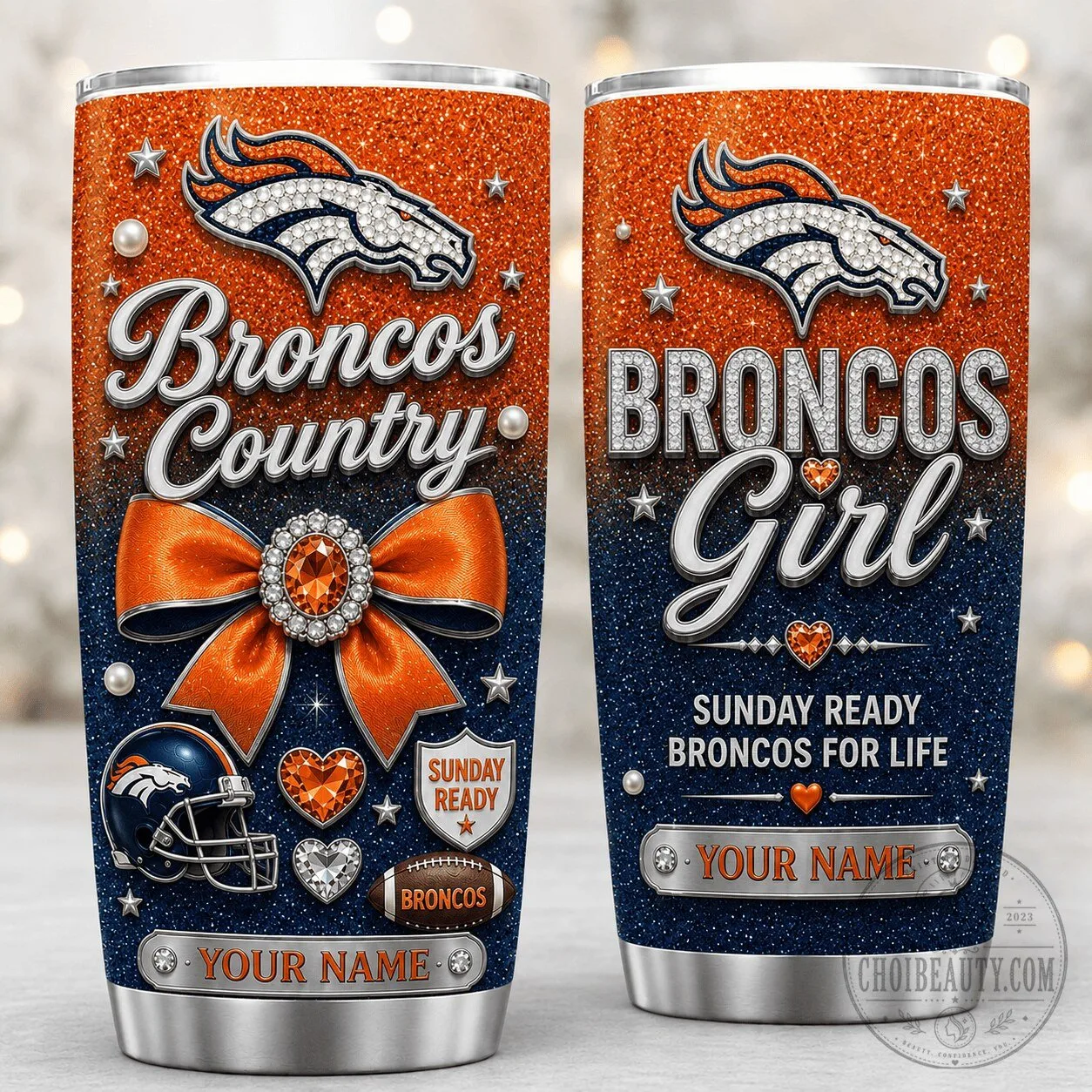 Personalized Stainless Steel Tumbler with Glitter for Denver Broncos Country Girls