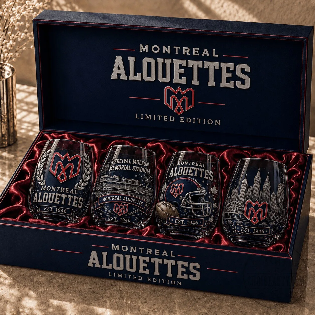 Set of Stemless Wine Glasses Featuring Montreal Alouettes of the Canadian Football League 2 Set of Stemless Wine Glasses Featuring Montreal Alouettes of the Canadian Football League