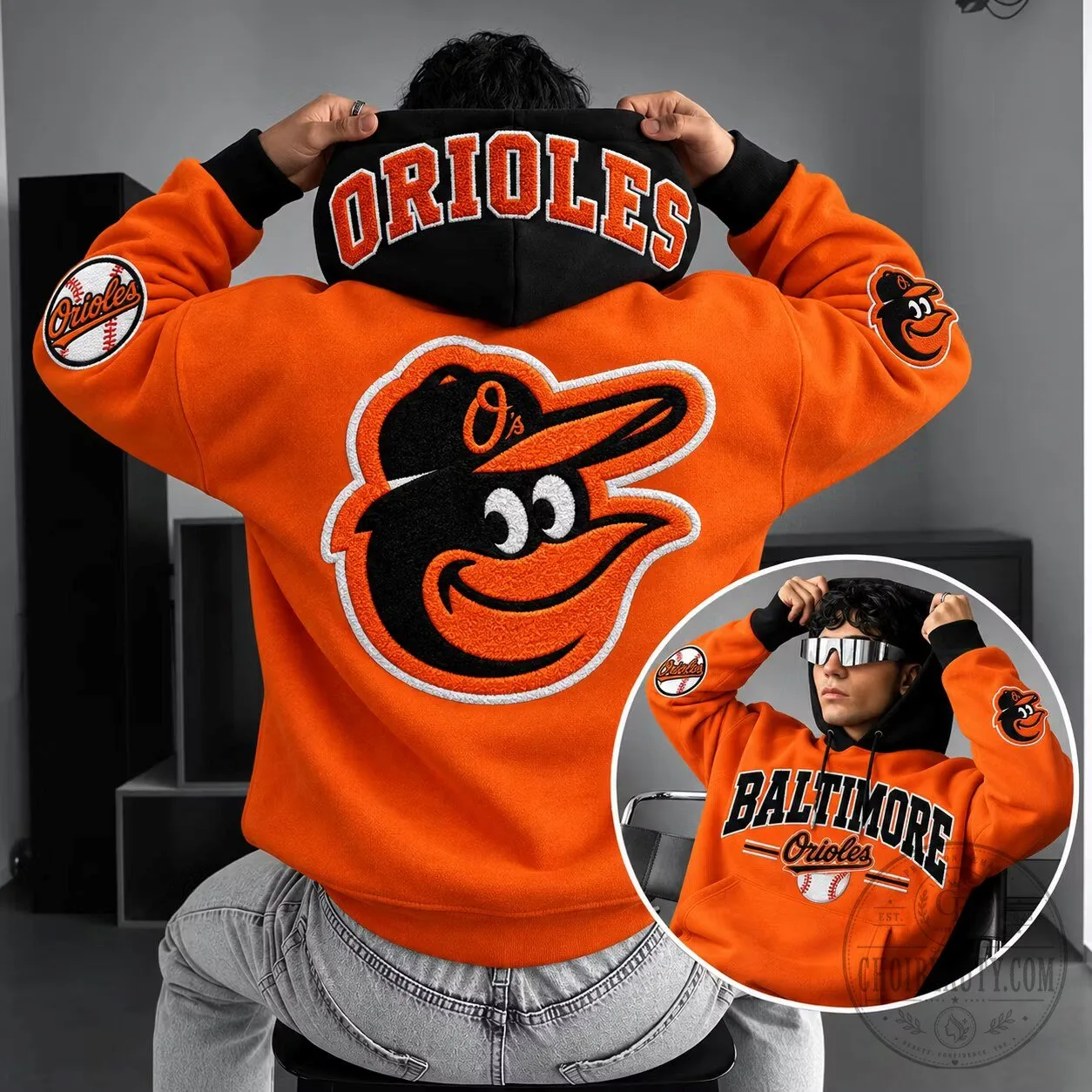 Baltimore Orioles Baseball Team Logo Orange Black Hooded Sweatshirt