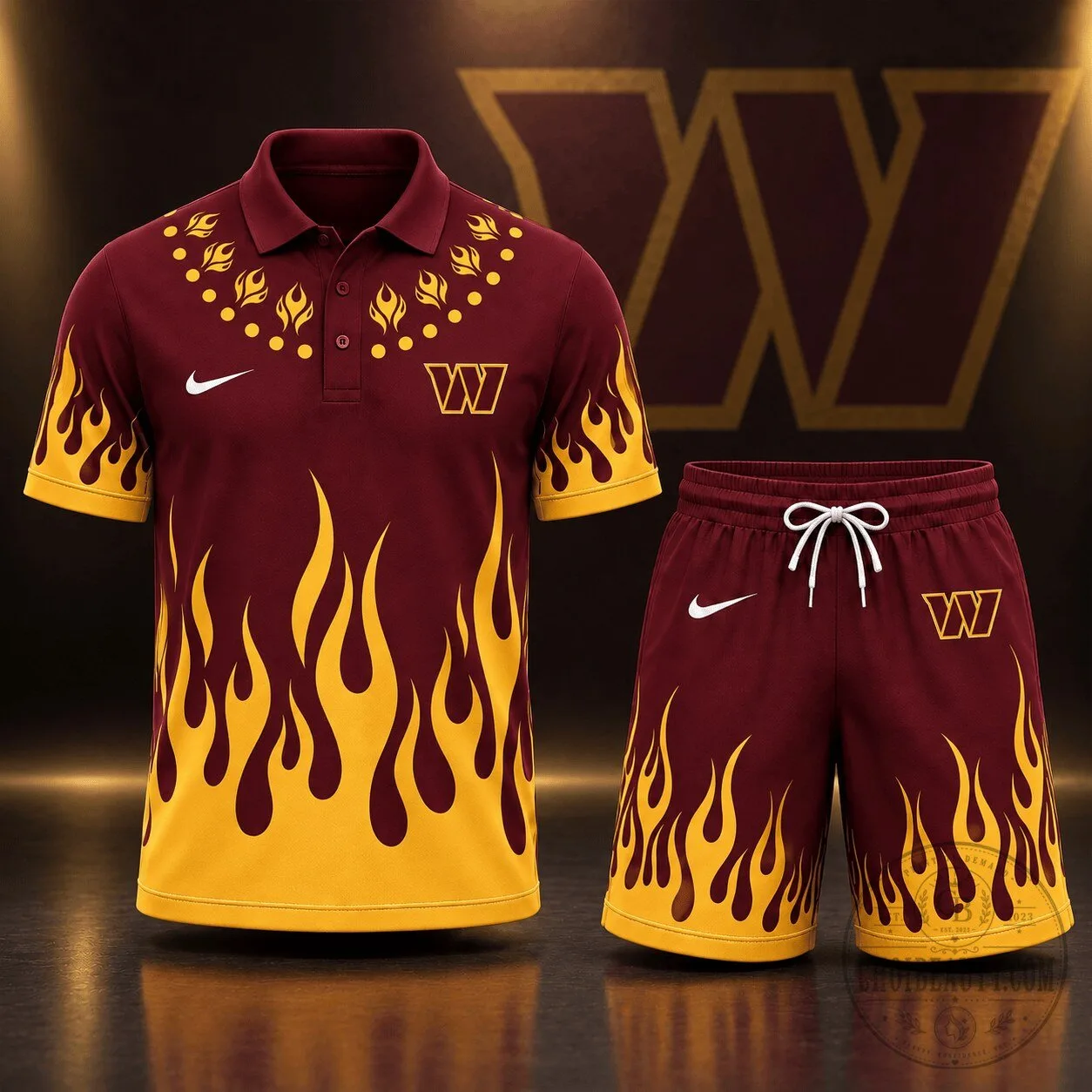 Washington Commanders Flame Graphic Polo Shirt and Shorts Set 5 Washington Commanders Flame Graphic Polo Shirt and Shorts Set