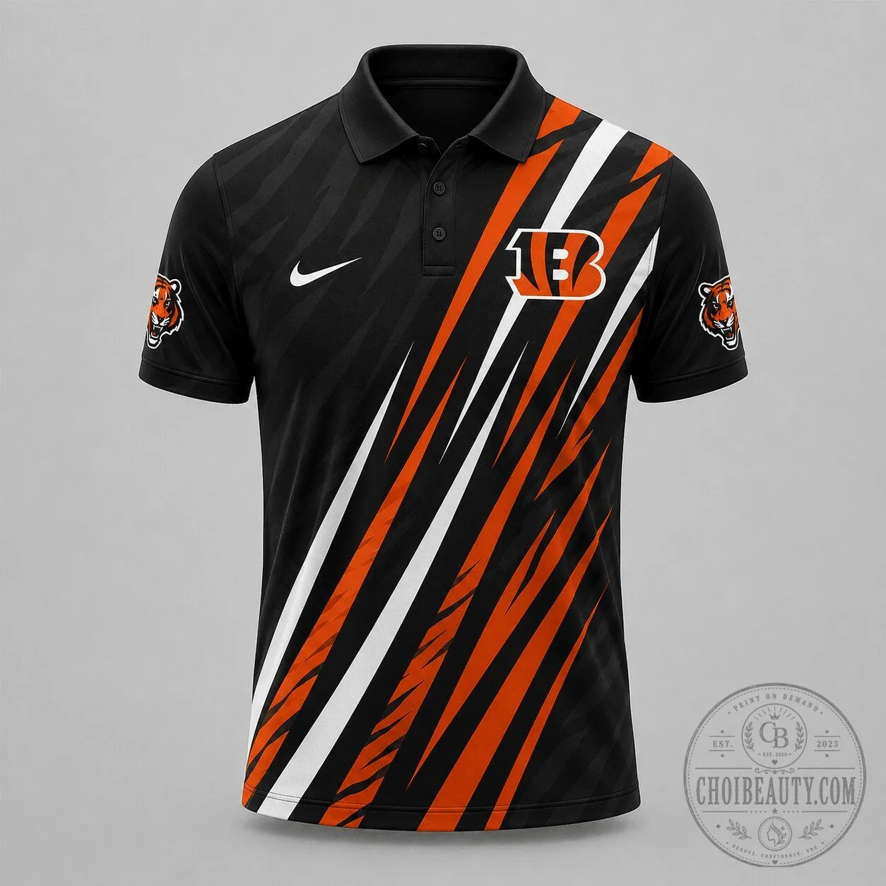 Cincinnati Bengals Nike Inspired Black Orange White Stripe Polo Shirt 2 Cincinnati Bengals Nike Inspired Black Orange White Stripe Polo Shirt