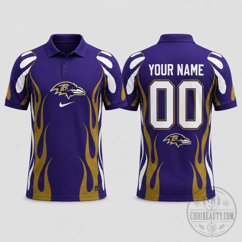 Baltimore Ravens NFL Team Logo Purple Gold Flames Design Performance Polo Shirt Baltimore Ravens NFL Team Logo Purple Gold Flames Design Performance Polo Shirt