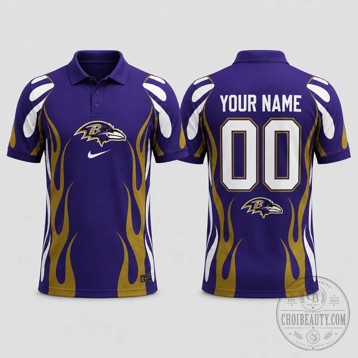 Baltimore Ravens NFL Team Logo Purple Gold Flames Design Performance Polo Shirt