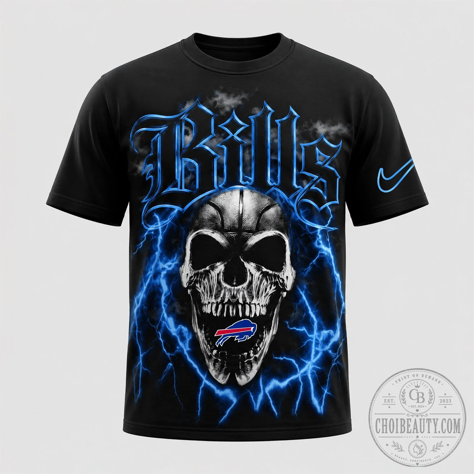 Buffalo Bills Skull Lightning Graphic Black Short Sleeve T-Shirt