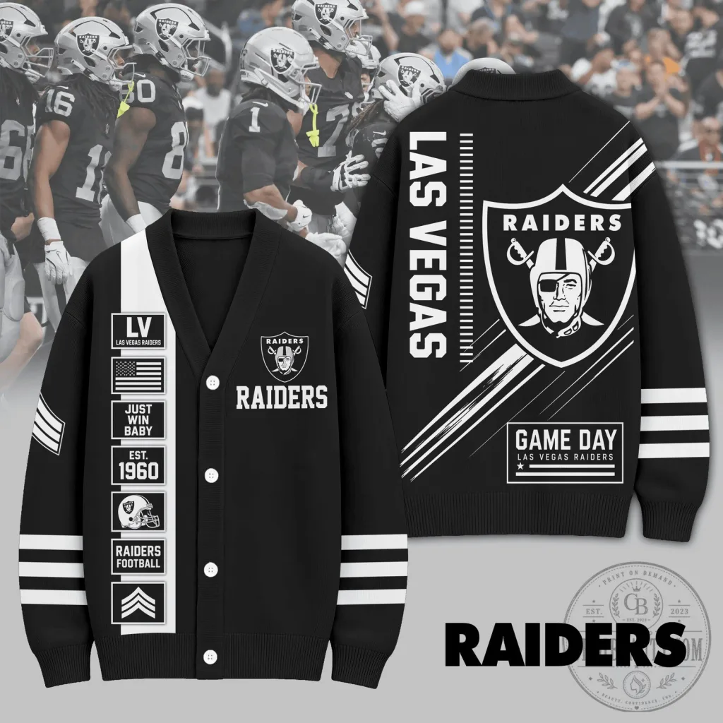 Las Vegas Raiders NFL Heritage Varsity Knit Cardigan Sweater Las Vegas Raiders NFL Heritage Varsity Knit Cardigan Sweater