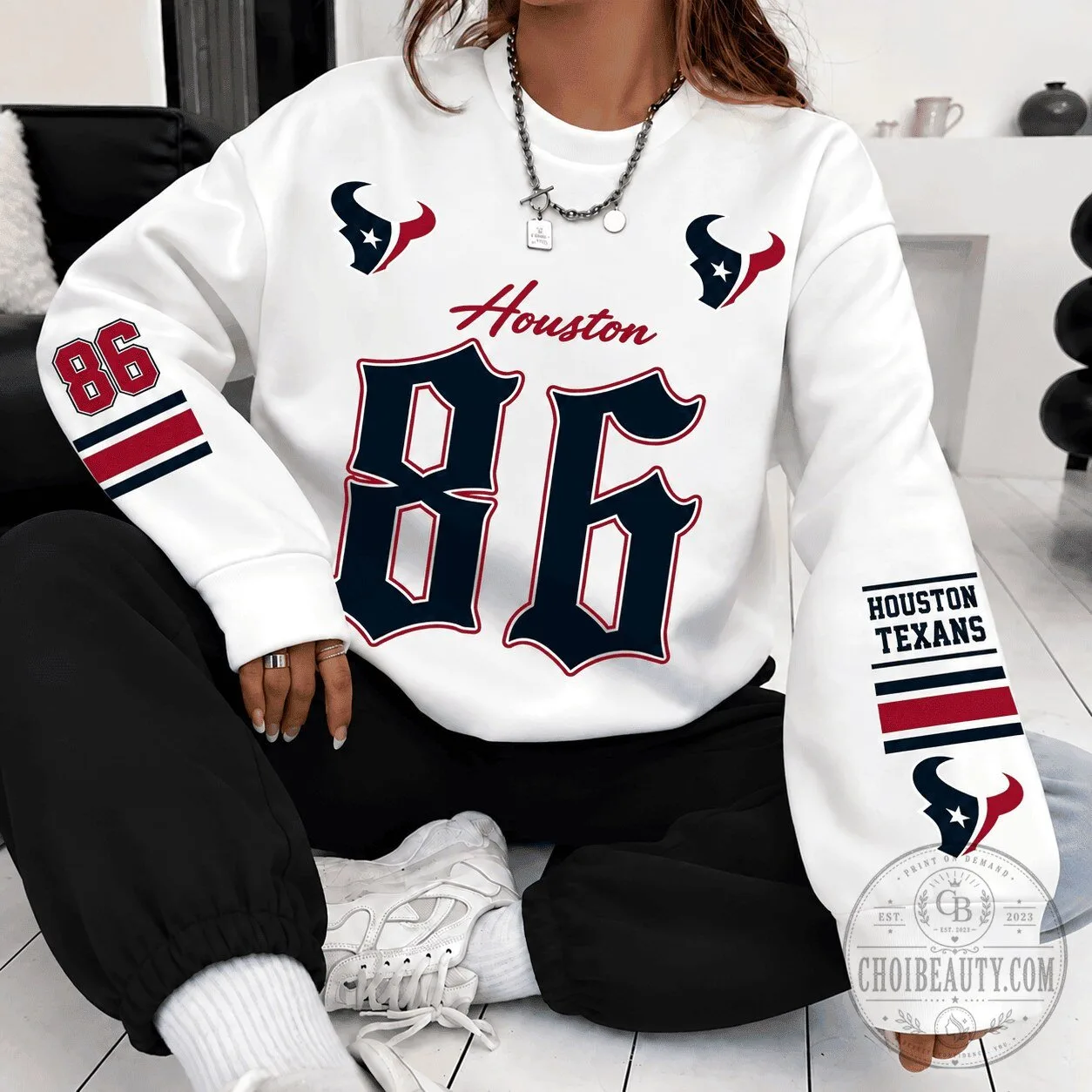 Houston Texans NFL Football Team Number 86 White Crewneck Sweatshirt