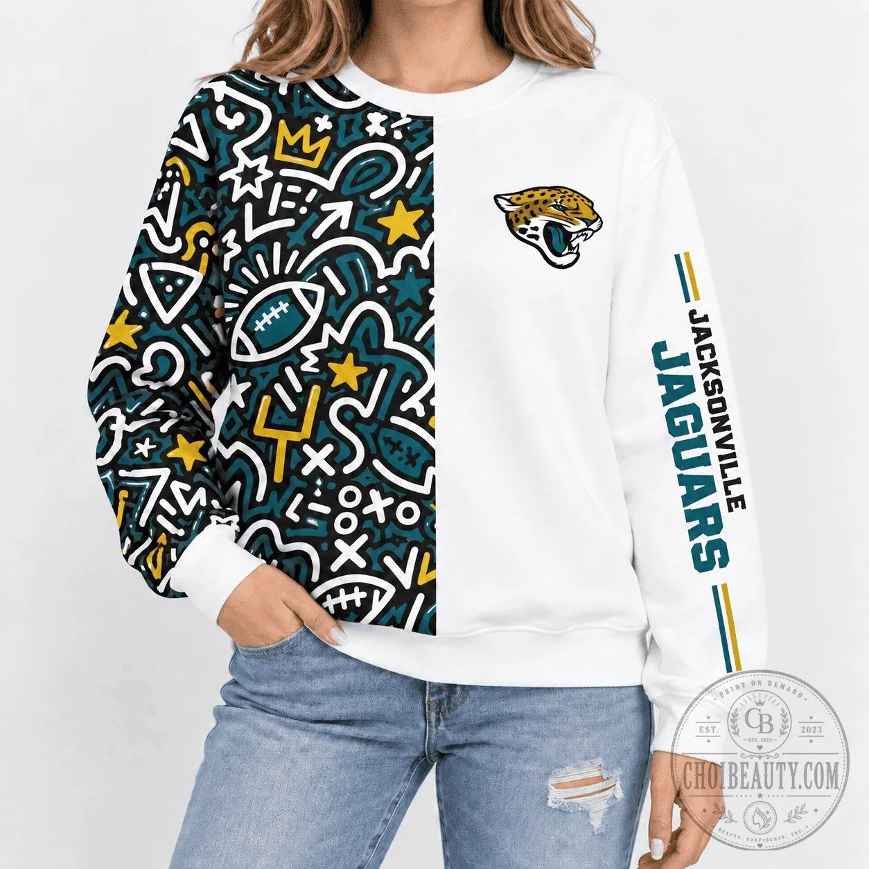 Jacksonville Jaguars NFL Doodle Art Split Design Crewneck Sweatshirt