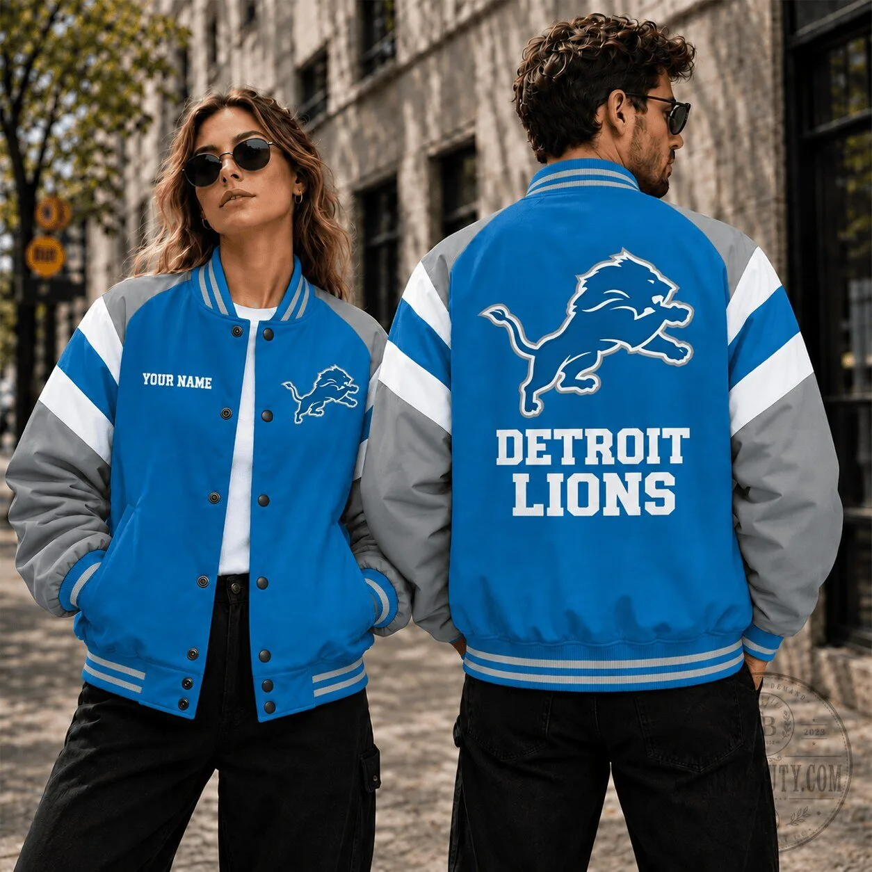 Detroit Lions Fan Custom Name Blue and Gray Varsity Jacket 2 Detroit Lions Fan Custom Name Blue and Gray Varsity Jacket