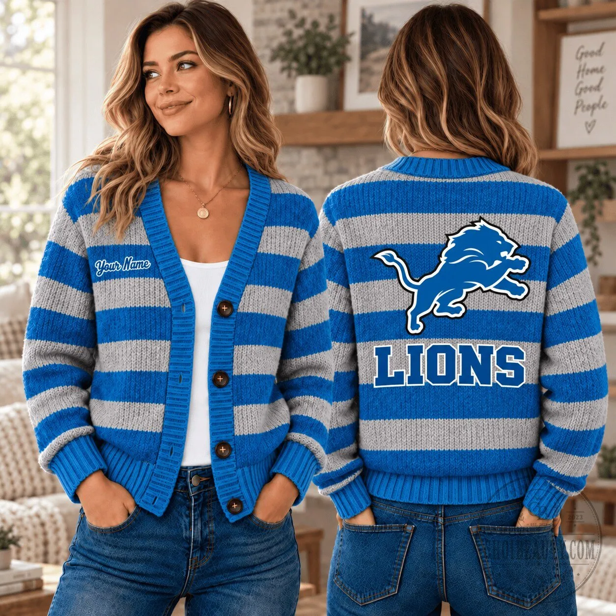 Detroit Lions Fan Personalized Striped Cardigan Sweater 2 Detroit Lions Fan Personalized Striped Cardigan Sweater