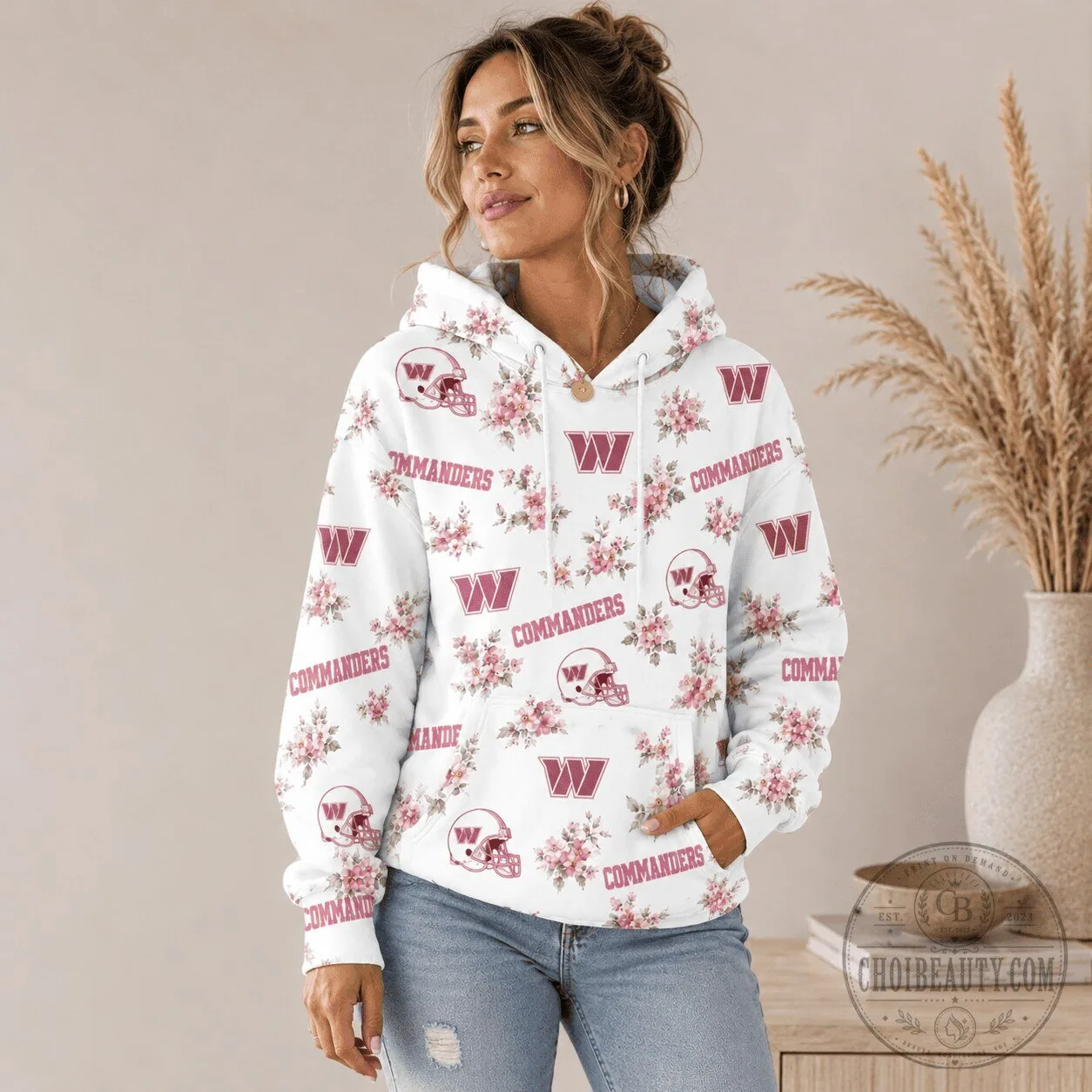 Washington Commanders Football Team Pink Floral Pattern Hoodie