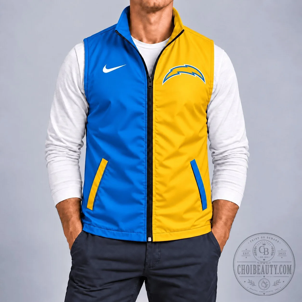Los Angeles Chargers Nike Blue Yellow Sleeveless Zip Up Sports Vest 1 Los Angeles Chargers Nike Blue Yellow Sleeveless Zip Up Sports Vest
