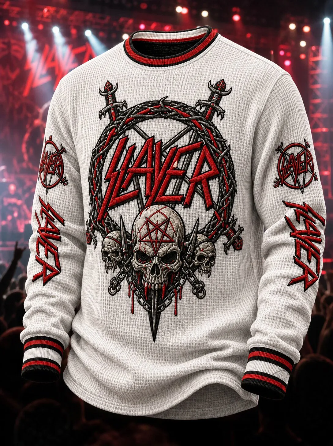 Slayer Band Logo Skull Graphic Waffle Knit Long Sleeve Pullover Sweater 2 Slayer Band Logo Skull Graphic Waffle Knit Long Sleeve Pullover Sweater