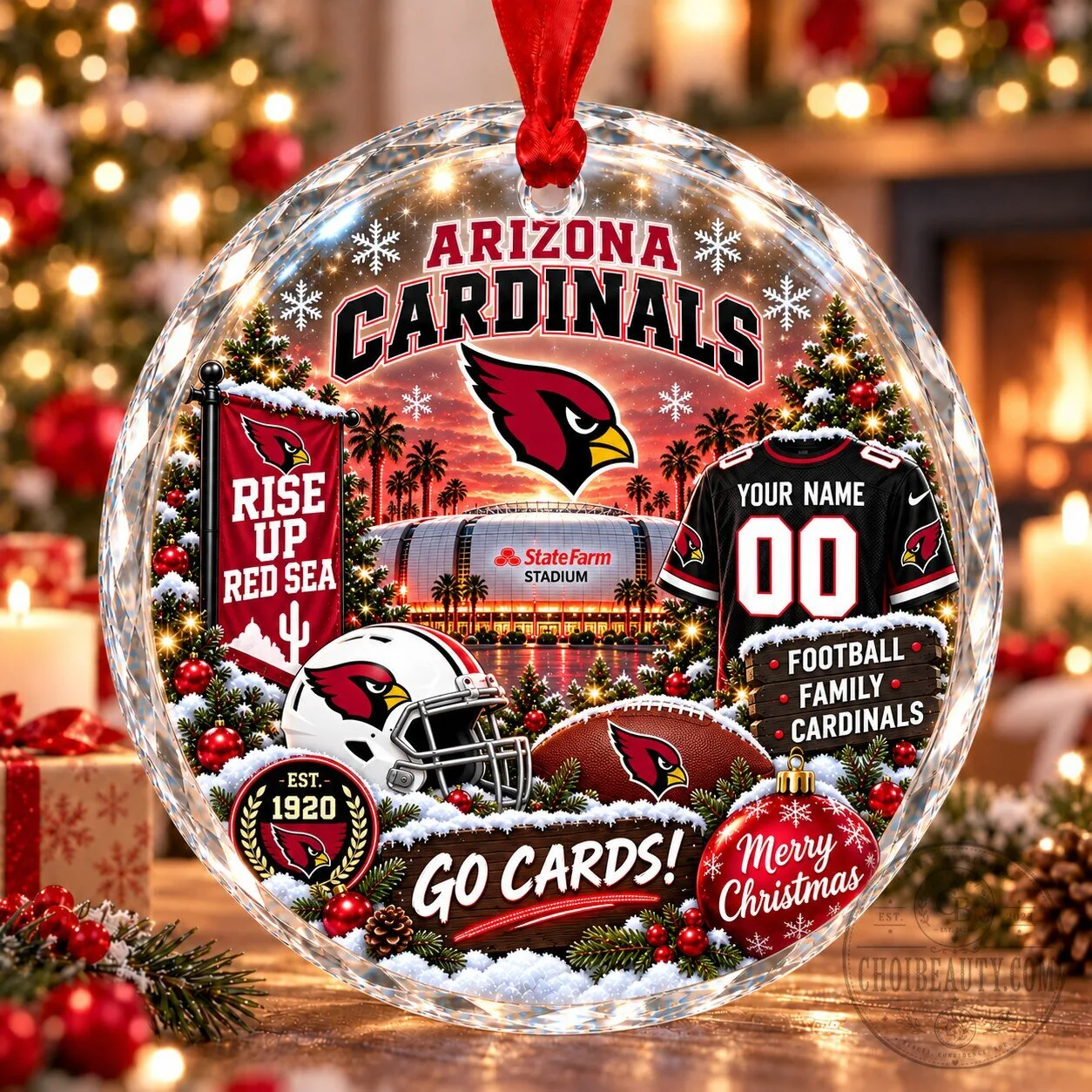 Arizona Cardinals Christmas Stadium Snow Vibe Glass Holiday Ornament