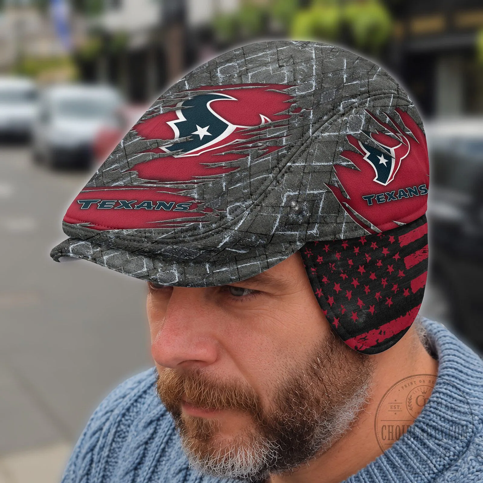 Houston Texans American Flag Brick Wall Flat Cap with Foldable Ear Flaps