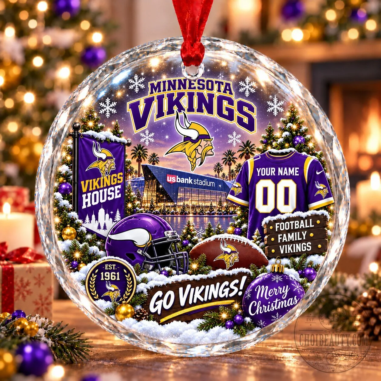 Minnesota Vikings Christmas Stadium Snow Vibe Glass Holiday Ornament