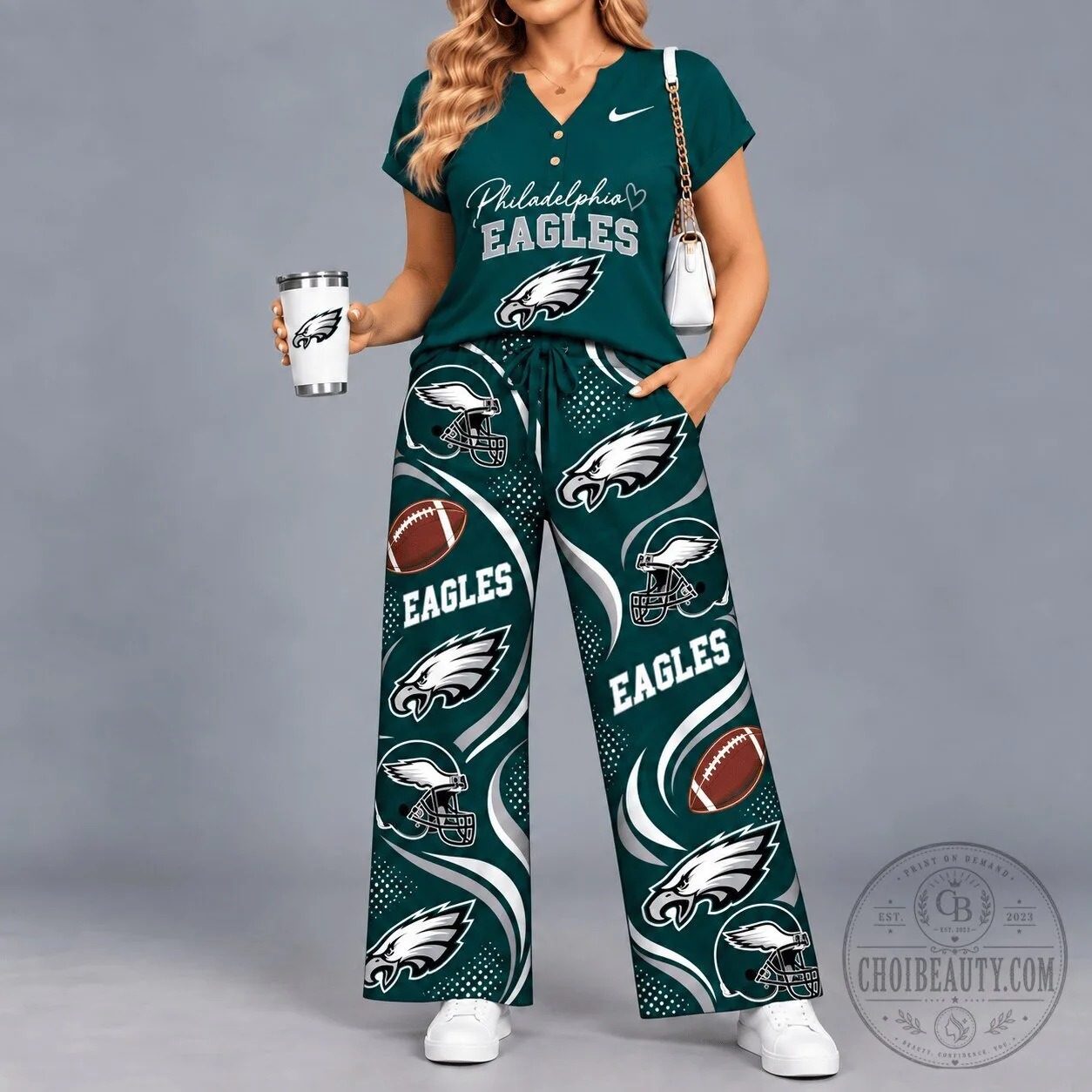 Philadelphia Eagles Football Team Fan V-Neck Top and Wide Leg Pants Set