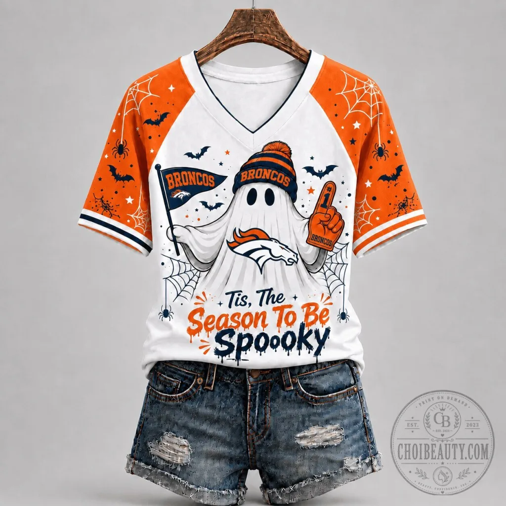Spooky Season Denver Broncos Ghost Halloween V-Neck T-Shirt Spooky Season Denver Broncos Ghost Halloween V-Neck T-Shirt
