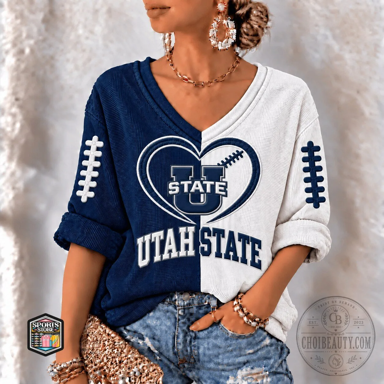 Utah State Aggies Football Heart Split Colorblock V-Neck Long Sleeve T-Shirt