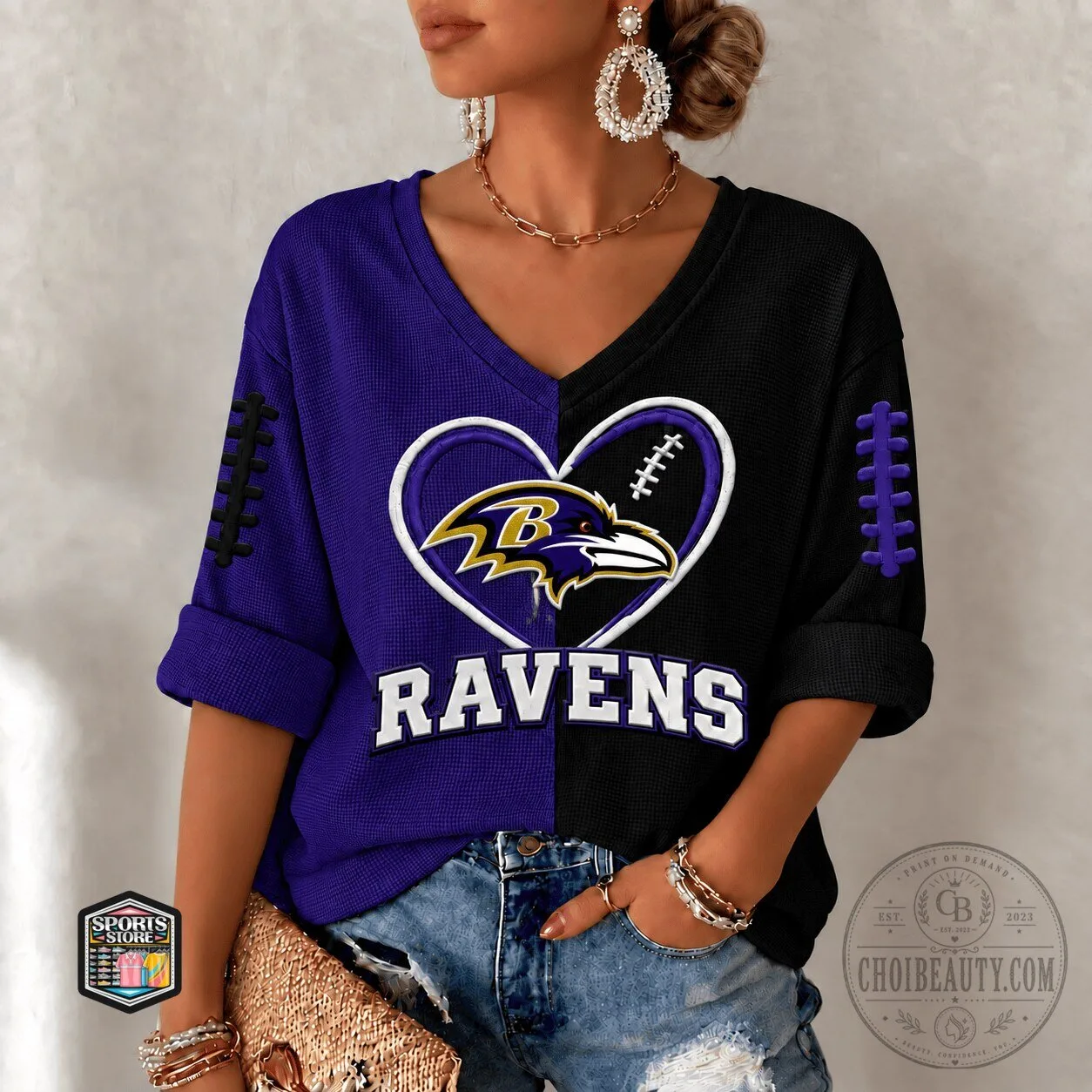 Baltimore Ravens Football Heart Logo V-Neck T-Shirt
