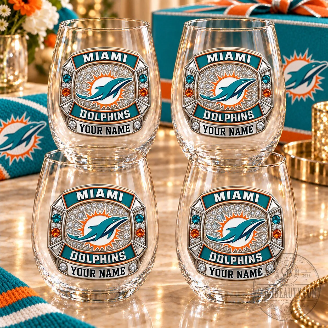 Miami Dolphins Personalized Stemless Wine Glasses Set of Four 1 Miami Dolphins Personalized Stemless Wine Glasses Set of Four