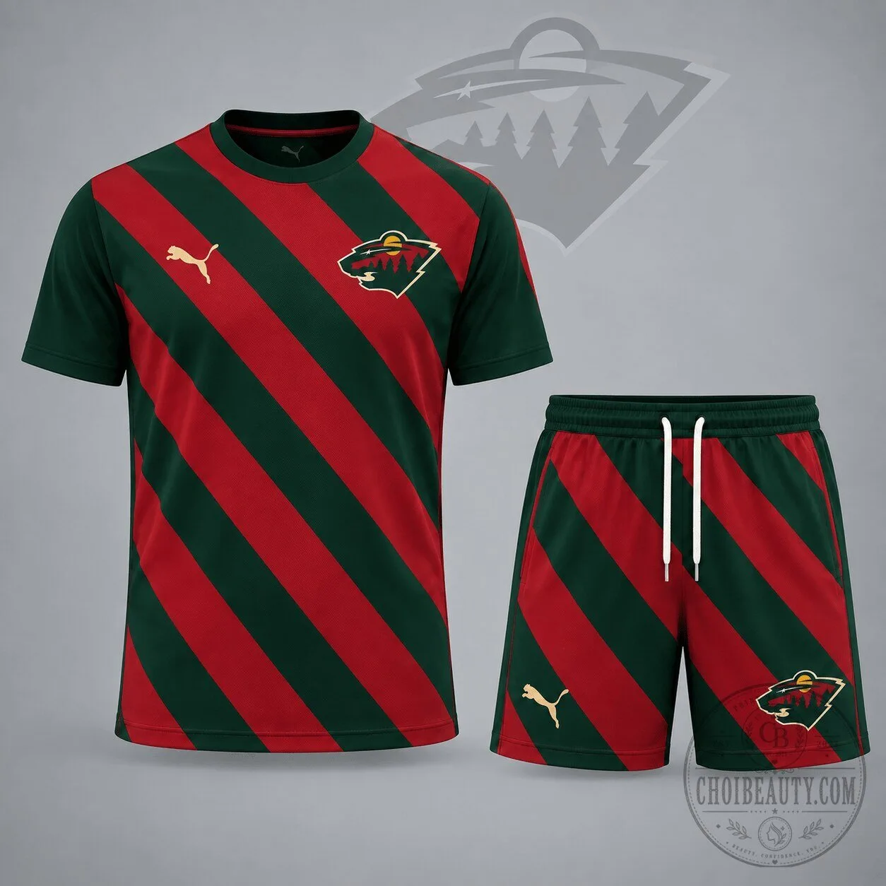 Minnesota Wild Diagonal Stripe Red and Green Hockey Team Jersey and Shorts Set