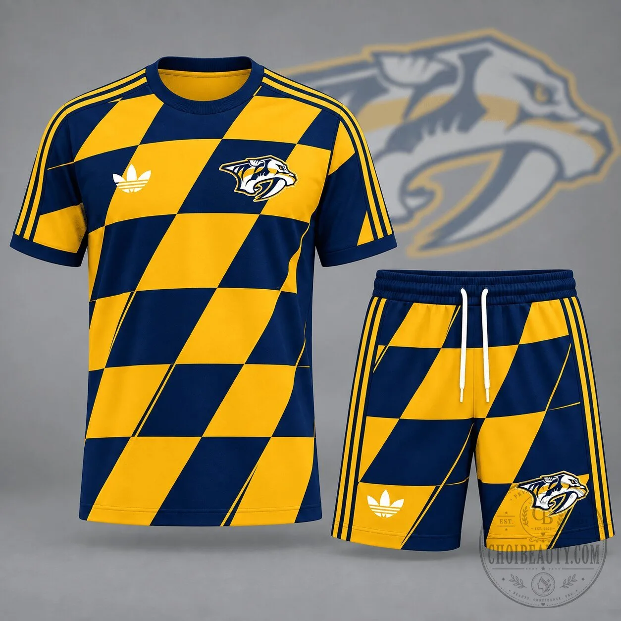 Nashville Predators Geometric Colorblock Blue and Gold Hockey Fan T-Shirt and Shorts Set