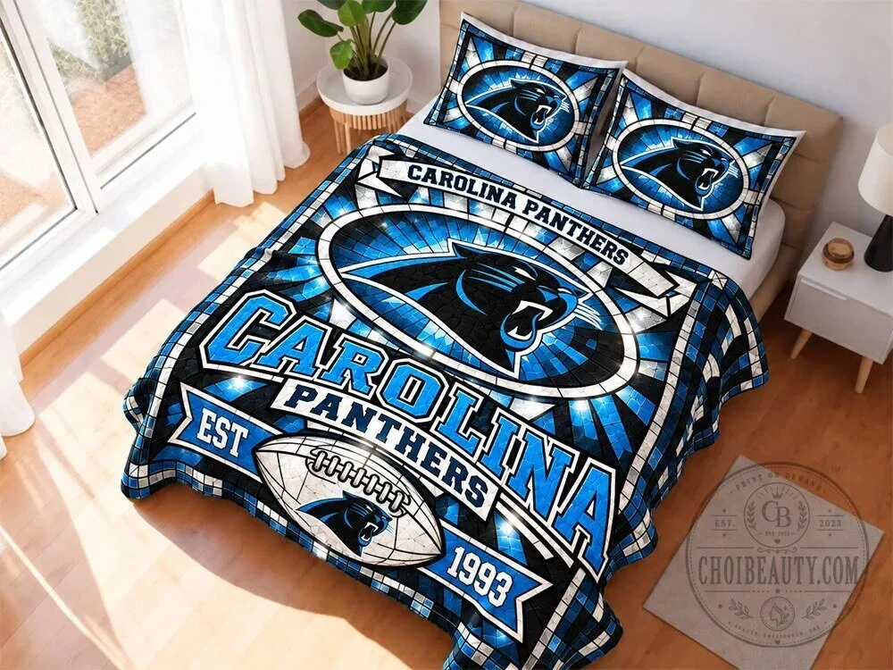 Carolina Panthers Stained Glass Pattern Quilted Bedding Set 5 Carolina Panthers Stained Glass Pattern Quilted Bedding Set