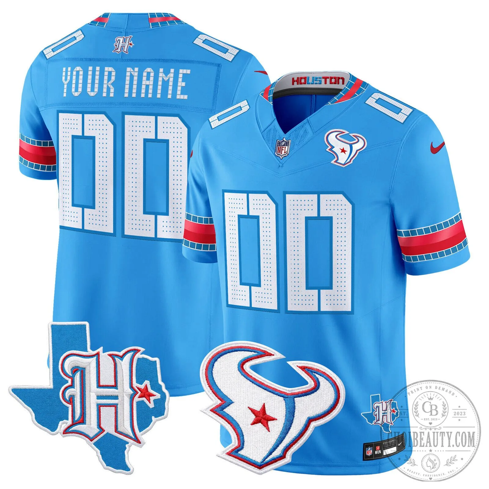 Houston Texans Light Blue Custom Football Jersey with Texas Patch 2 Houston Texans Light Blue Custom Football Jersey with Texas Patch