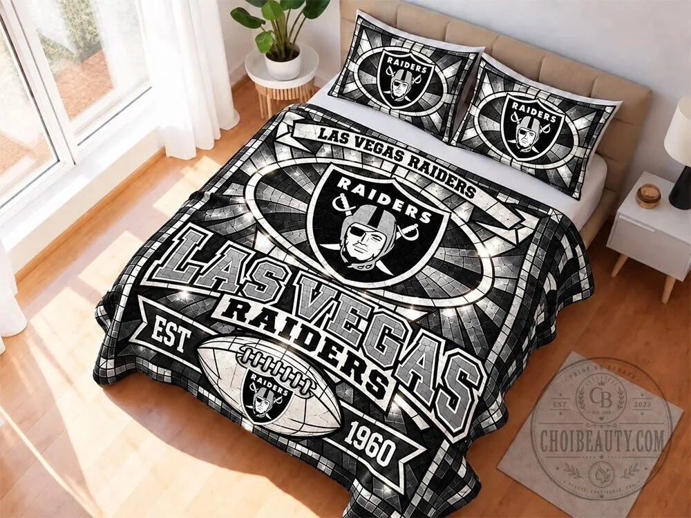 Las Vegas Raiders Stained Glass Football Bedding Quilt Set 1 Las Vegas Raiders Stained Glass Football Bedding Quilt Set