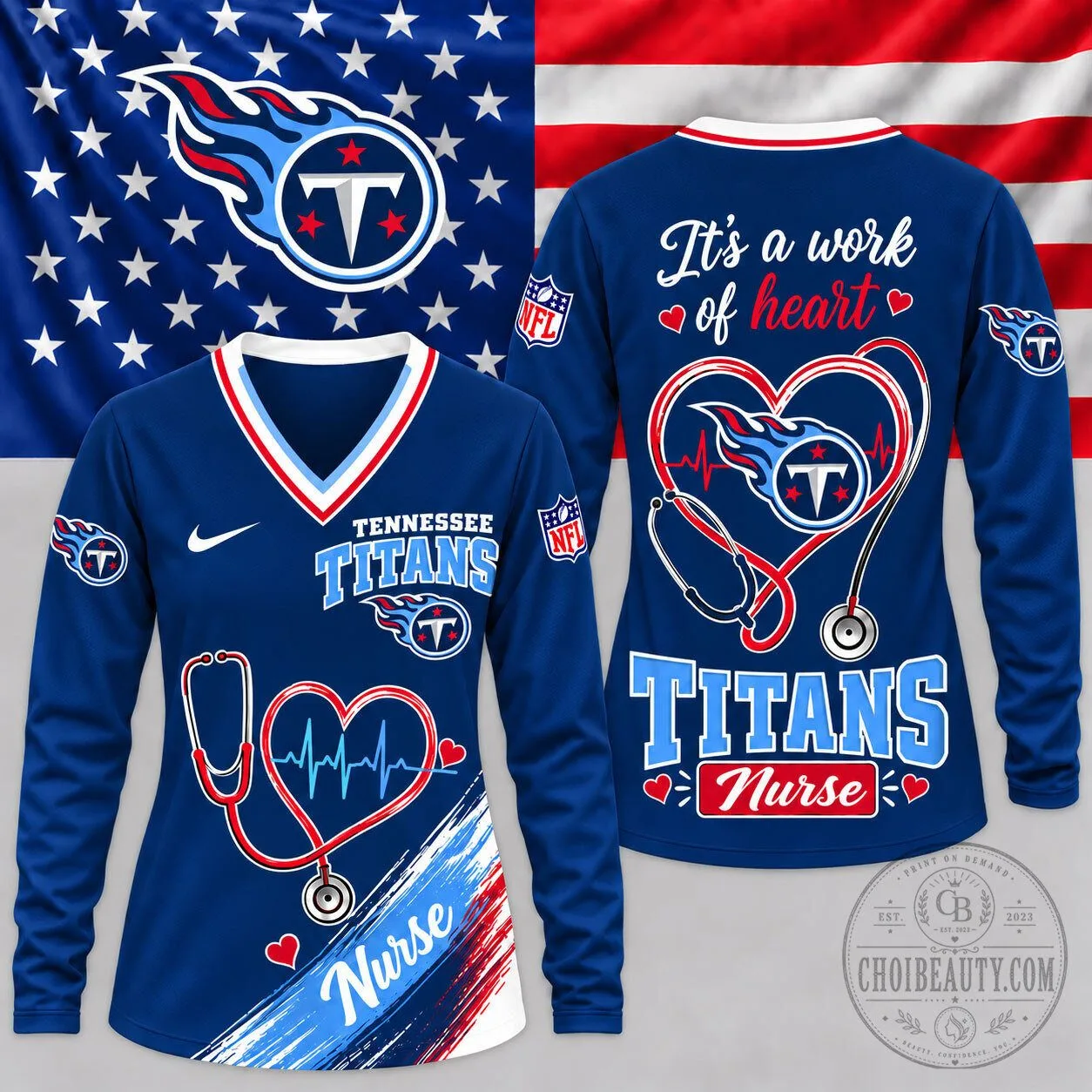 Tennessee Titans Nurse Heartbeat Pride V-Neck Long Sleeve Shirt