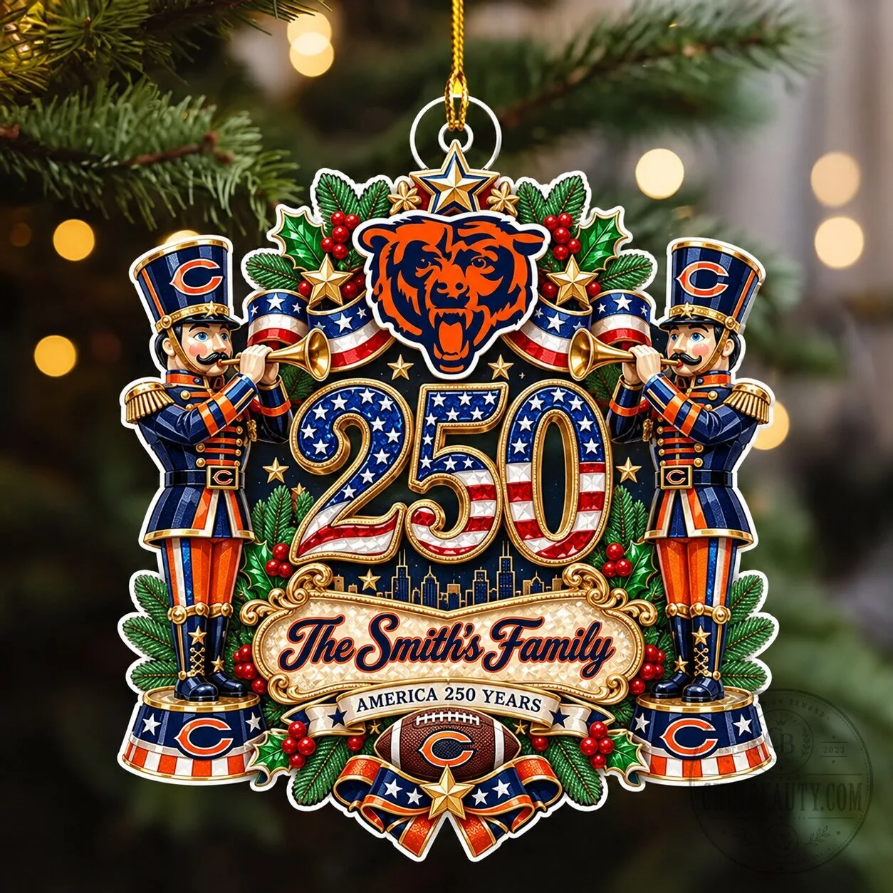 Chicago Bears NFL Football Team Christmas Tree Ornament Custom Family Name