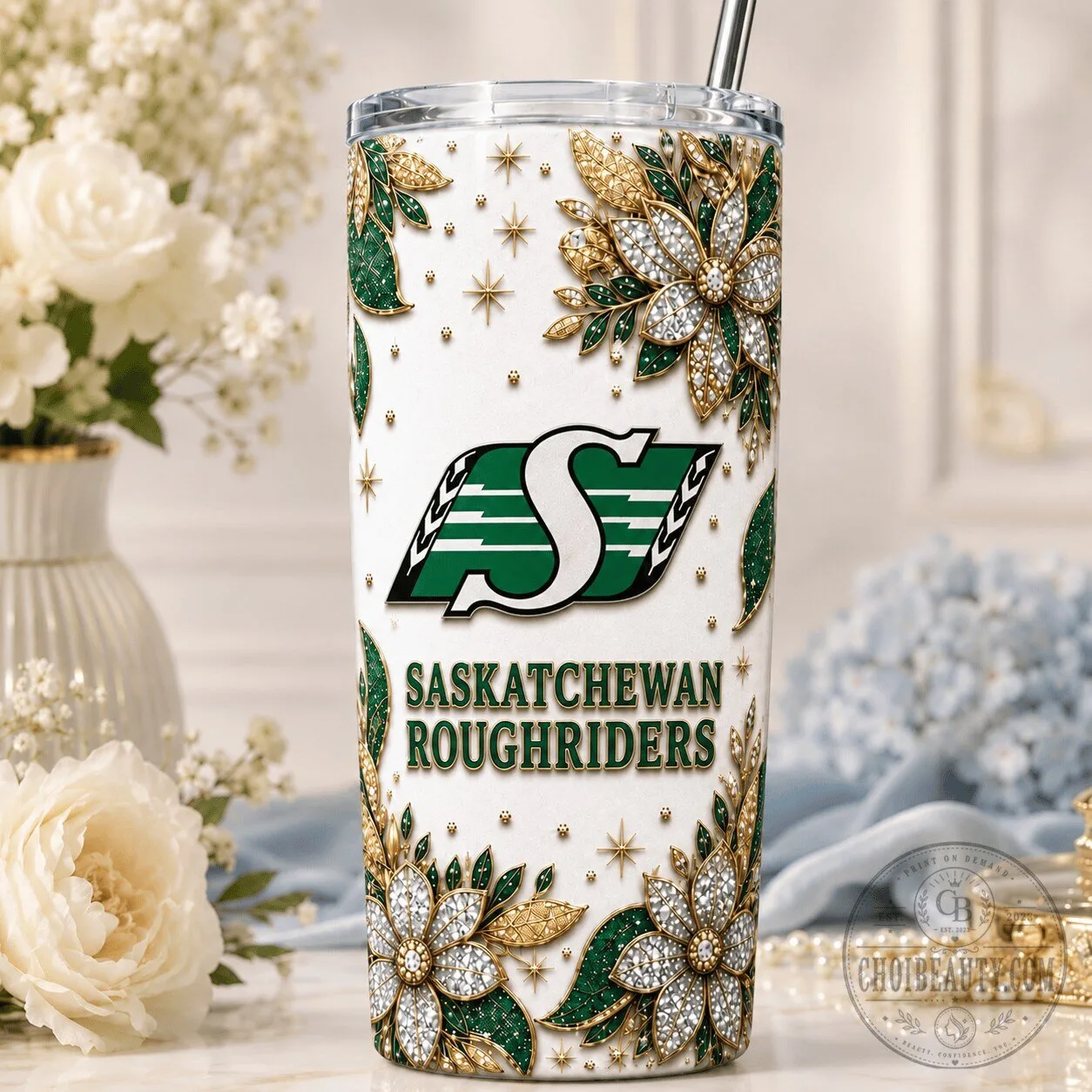Saskatchewan Roughriders Football Team Floral Pattern Stainless Steel Tumbler