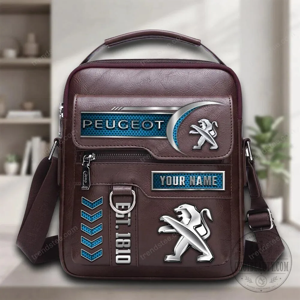 Peugeot Lion Logo Personalized Brown Leather Crossbody Shoulder Bag