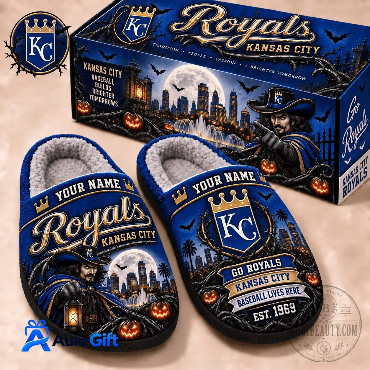 Kansas City Royals Baseball Halloween Personalized Slippers
