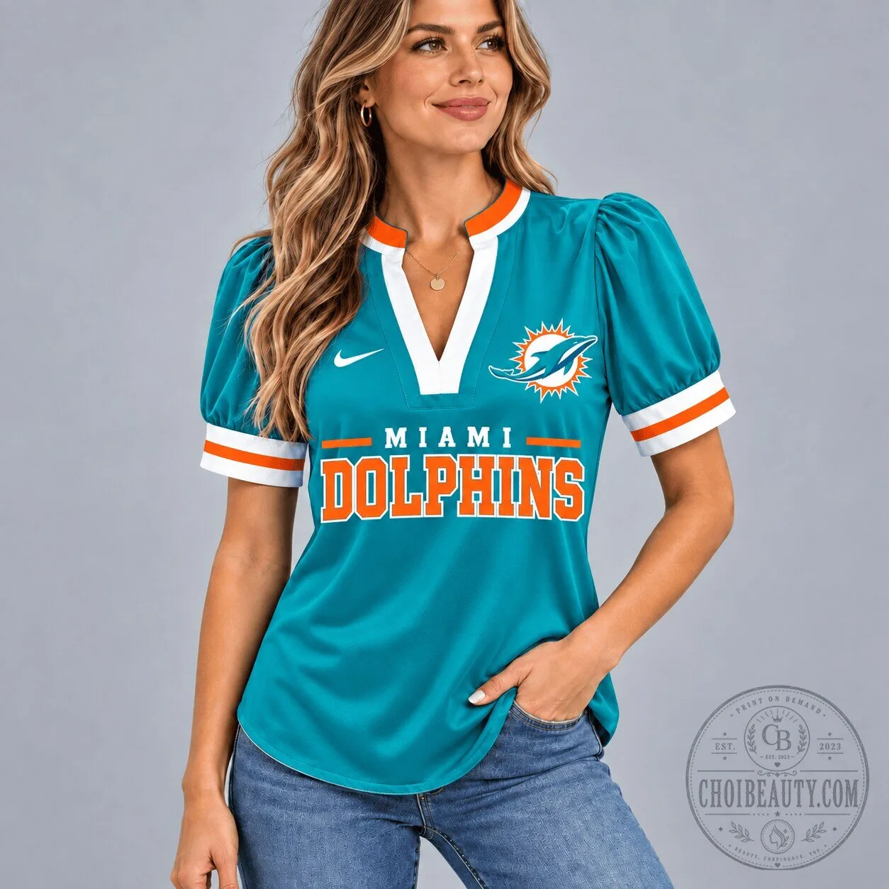 Miami Dolphins Women's V-Neck Puff Sleeve Football Game Day Shirt