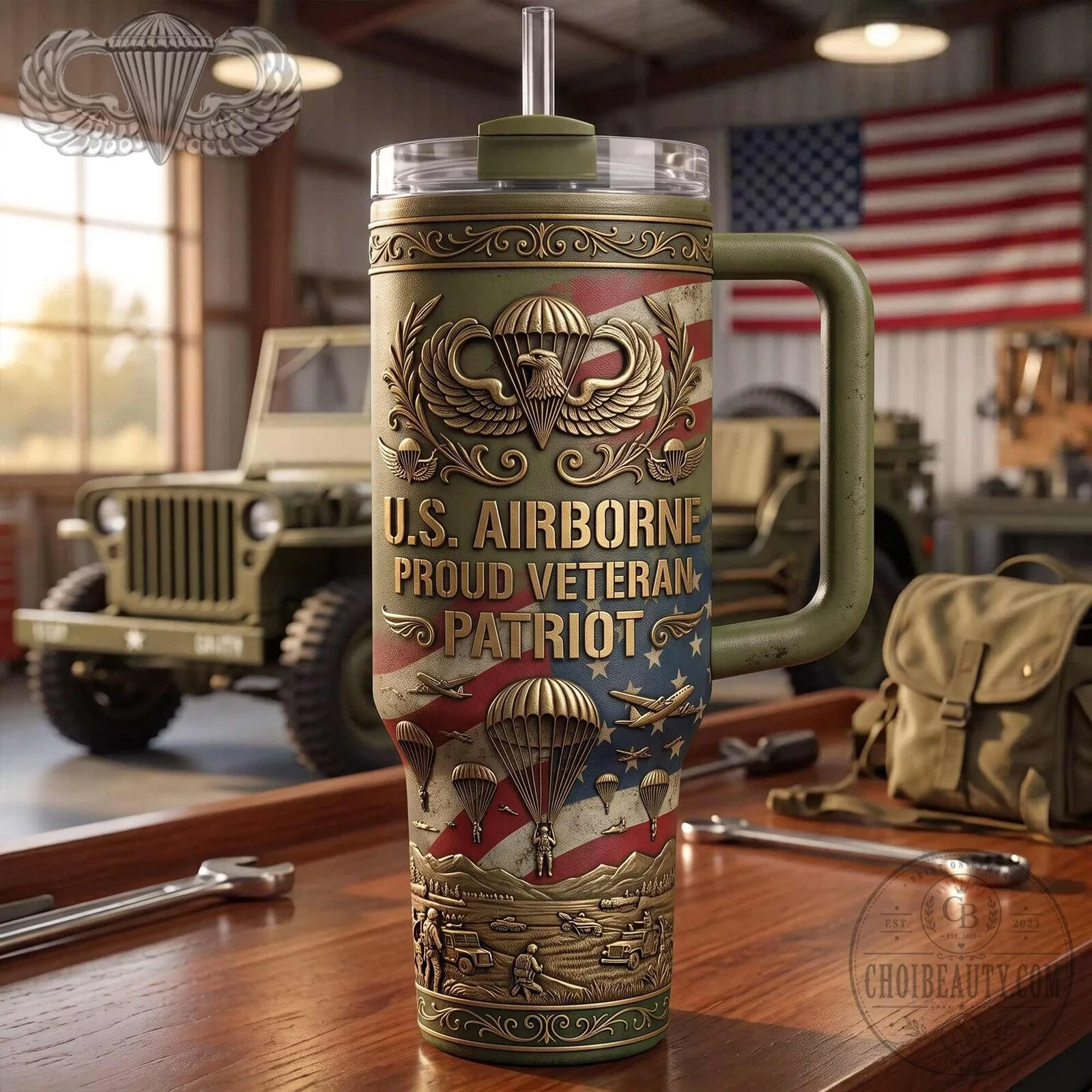 United States Army Airborne Proud Veteran Patriot Tumbler with Handle