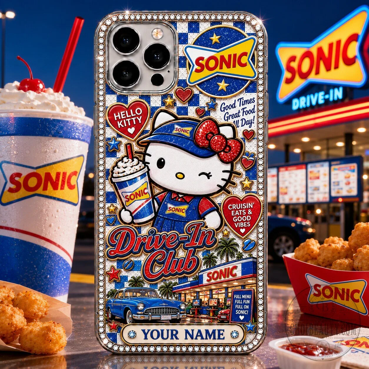Hello Kitty Sonic Drive-In Custom Name Bling Phone Case for iPhone