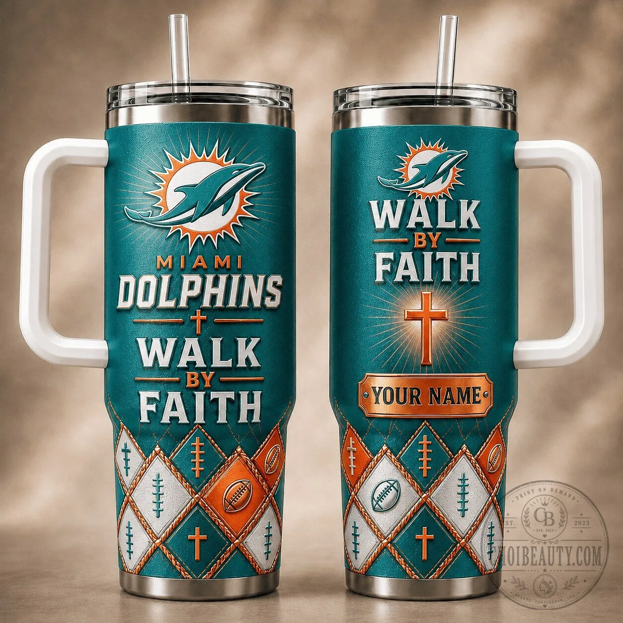 Miami Dolphins Walk By Faith NFL Football Team Logo Personalized Tumbler