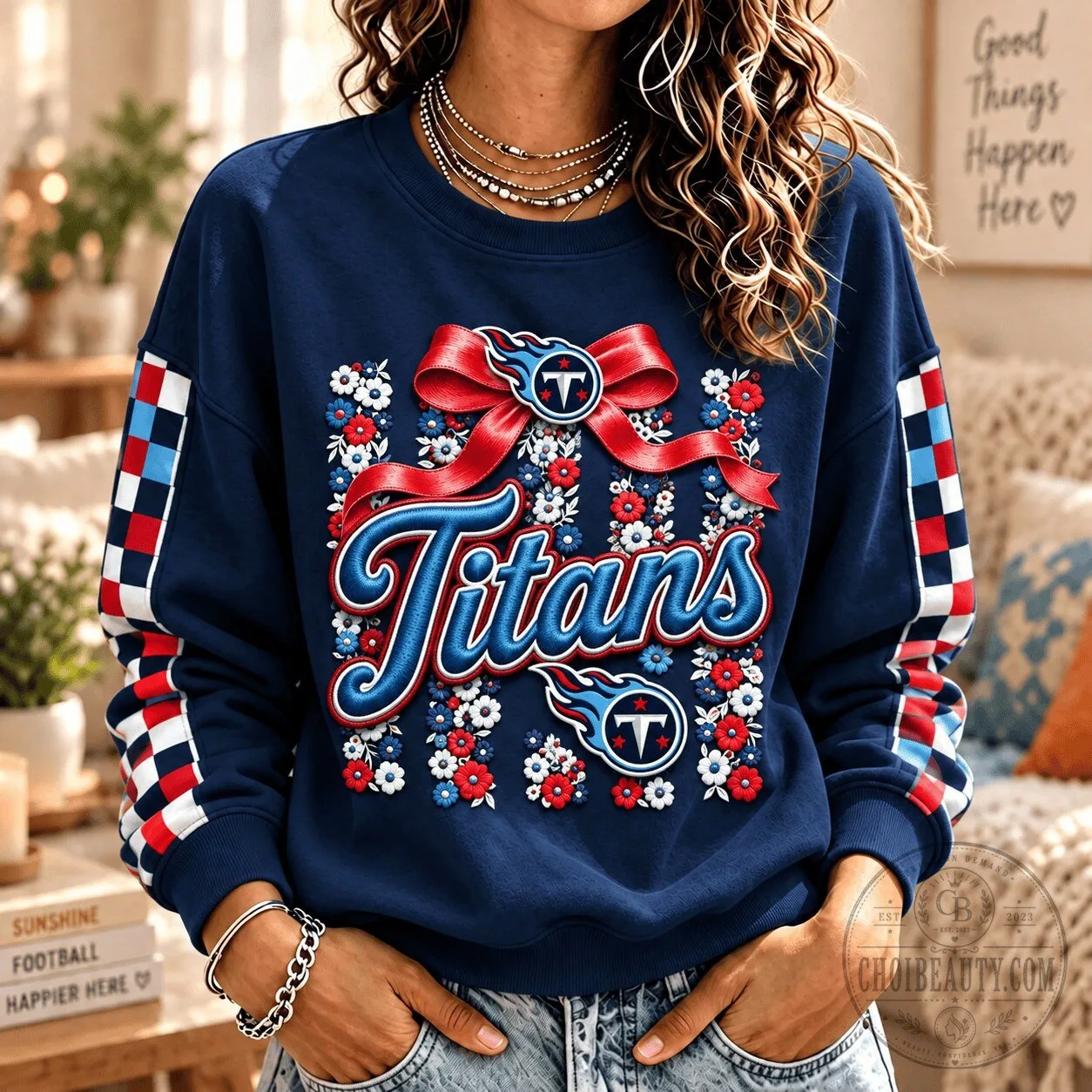 Tennessee Titans NFL Football Team Logo Floral Pattern Womens Sweatshirt