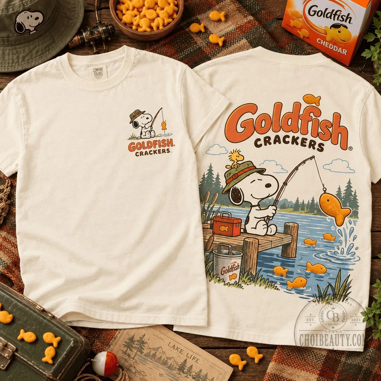 Snoopy Fishing for Goldfish Crackers Cartoon Character T-Shirt 2 Snoopy Fishing for Goldfish Crackers Cartoon Character T-Shirt