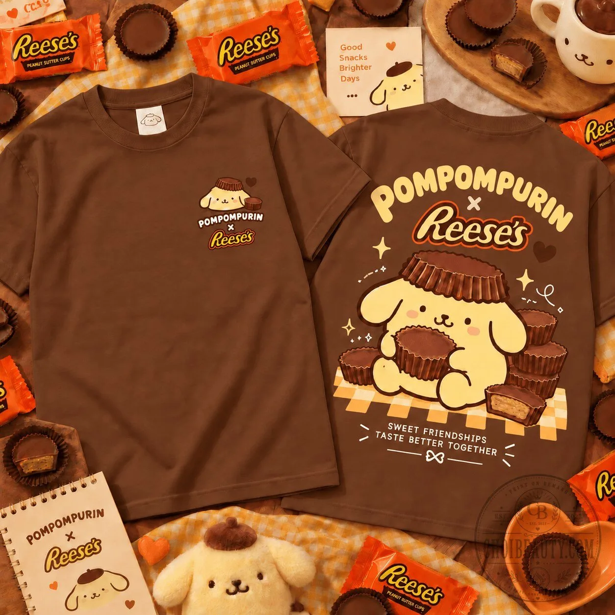 Pompompurin and Reese's Peanut Butter Cups Chocolate Brown T-Shirt 1 Pompompurin and Reese's Peanut Butter Cups Chocolate Brown T-Shirt