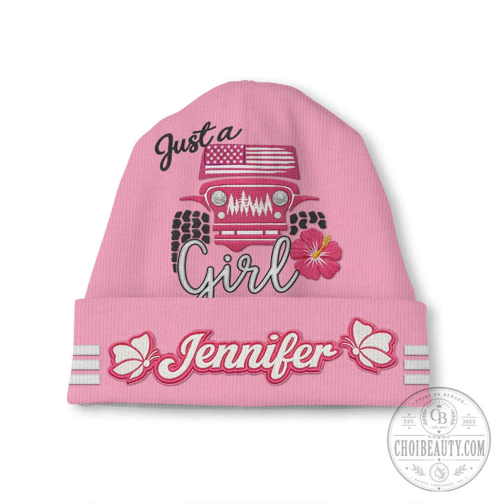 Just a Jeep Girl Offroad Personalized Pink Beanie Hat with Hibiscus Flower 4 Just a Jeep Girl Offroad Personalized Pink Beanie Hat with Hibiscus Flower